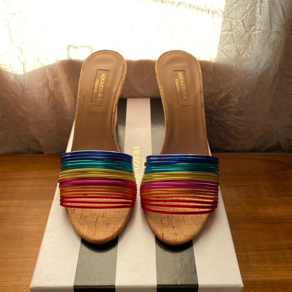 BNWB  Aquazzura Bangle Rainbow Cork Wedge Mules